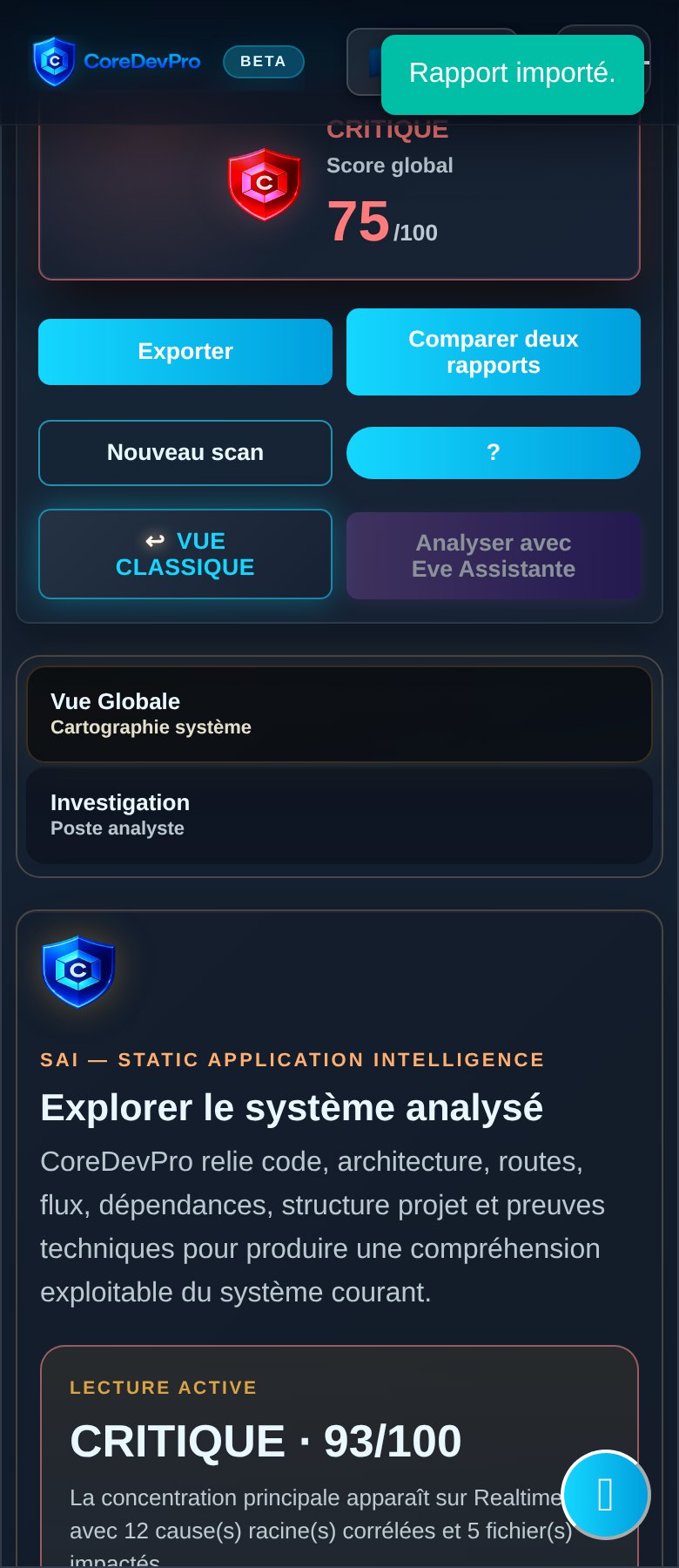 Rapport SAI CoreDevPro sur mobile