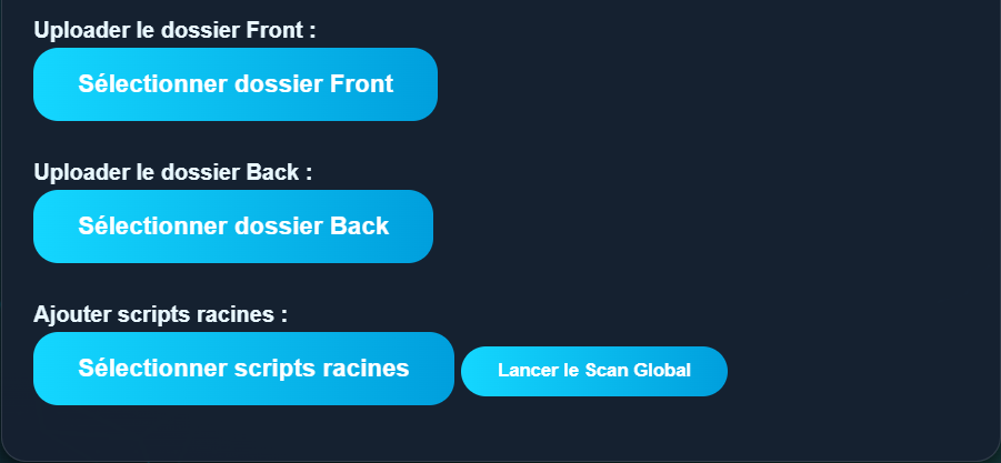 Zone de sélection : Front, Back, Scripts racines, Lancer le Scan Global